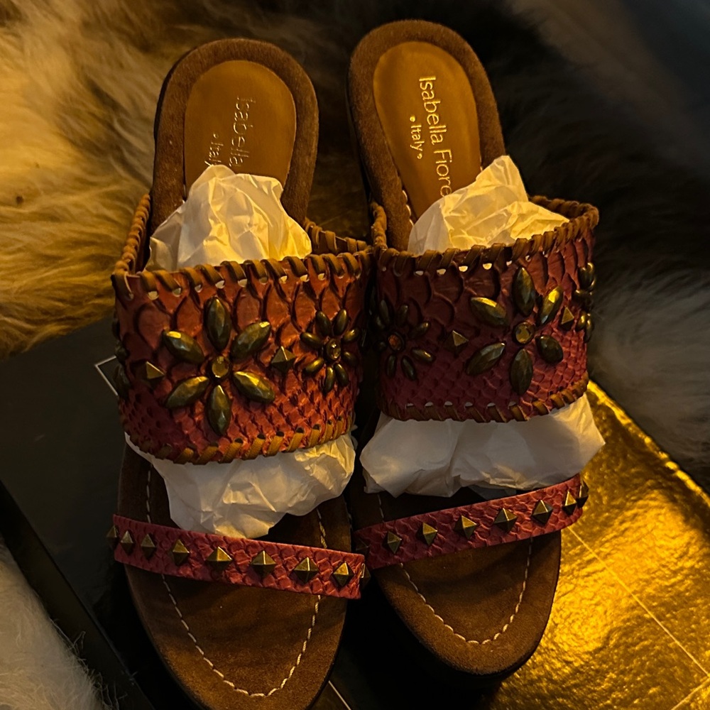 Isabella Fiore Pink and Tan Embellished Sandals